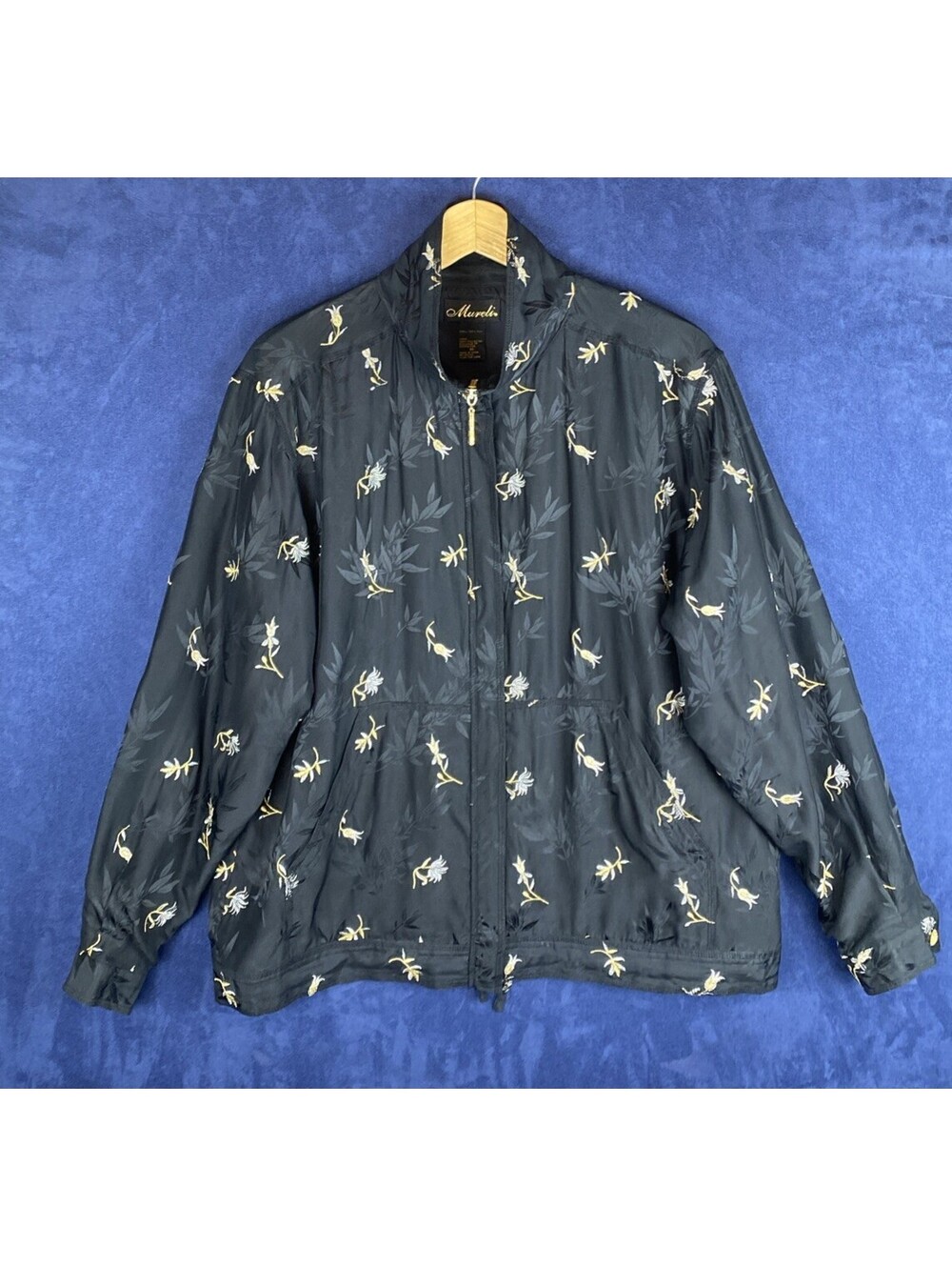 Mureli Silk Jacket Sz. M Black Gold/Silver Floral Embroidered Print Full Zip